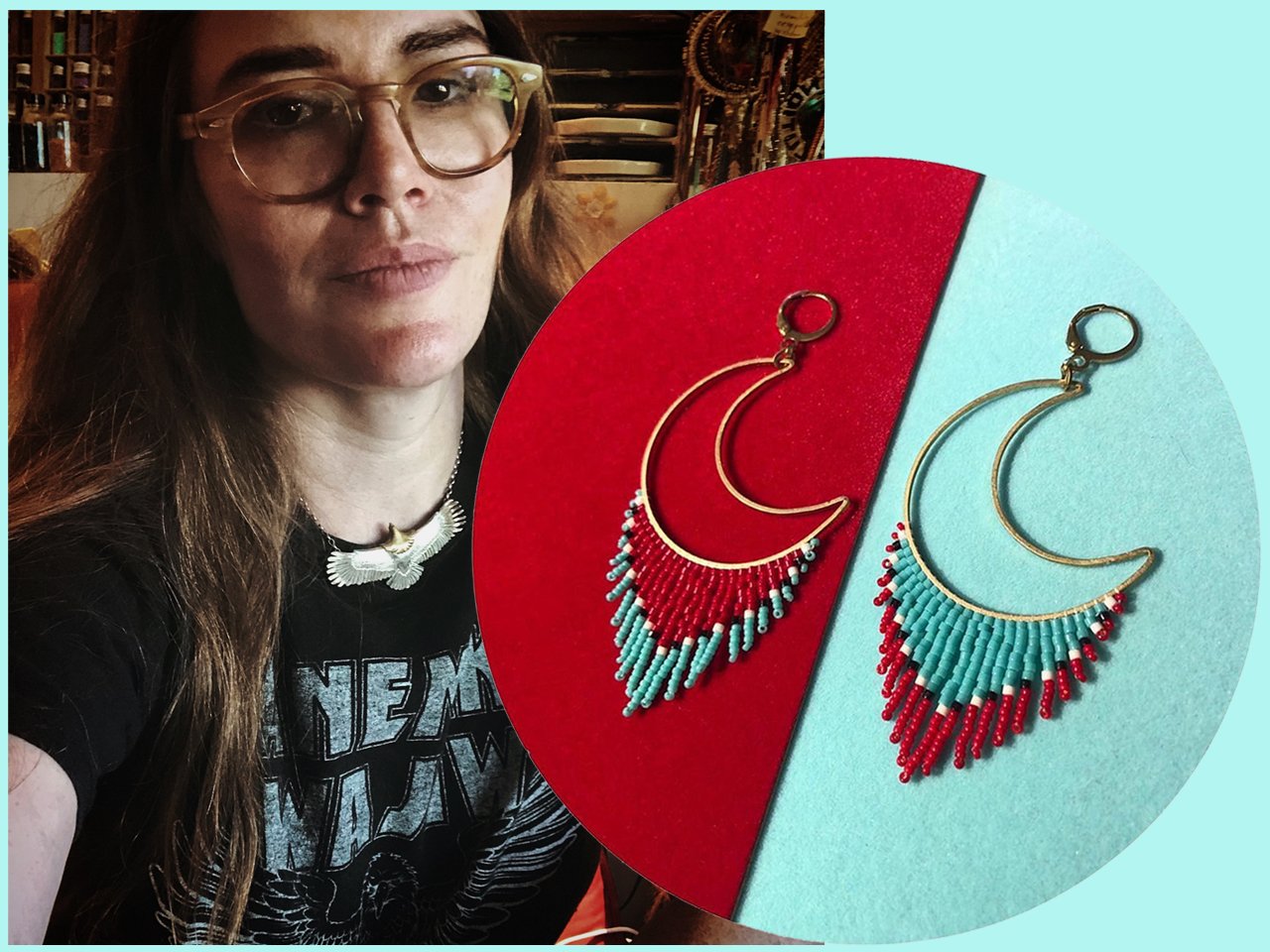 A photo of Krysta Furioso, and a pair of her shooting moon earrings. 