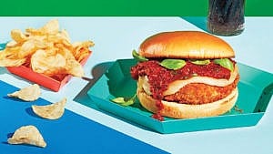 Chicken parmesan burger with marinara sauce on a turquoise plate with a side if chips