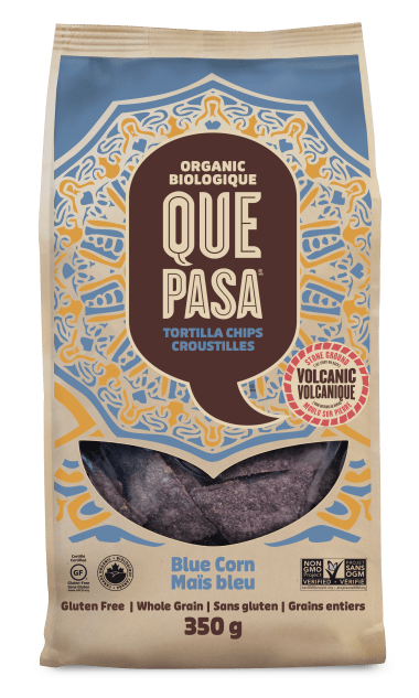A photo of a bag of Que Pasa blue corn tortilla chips
