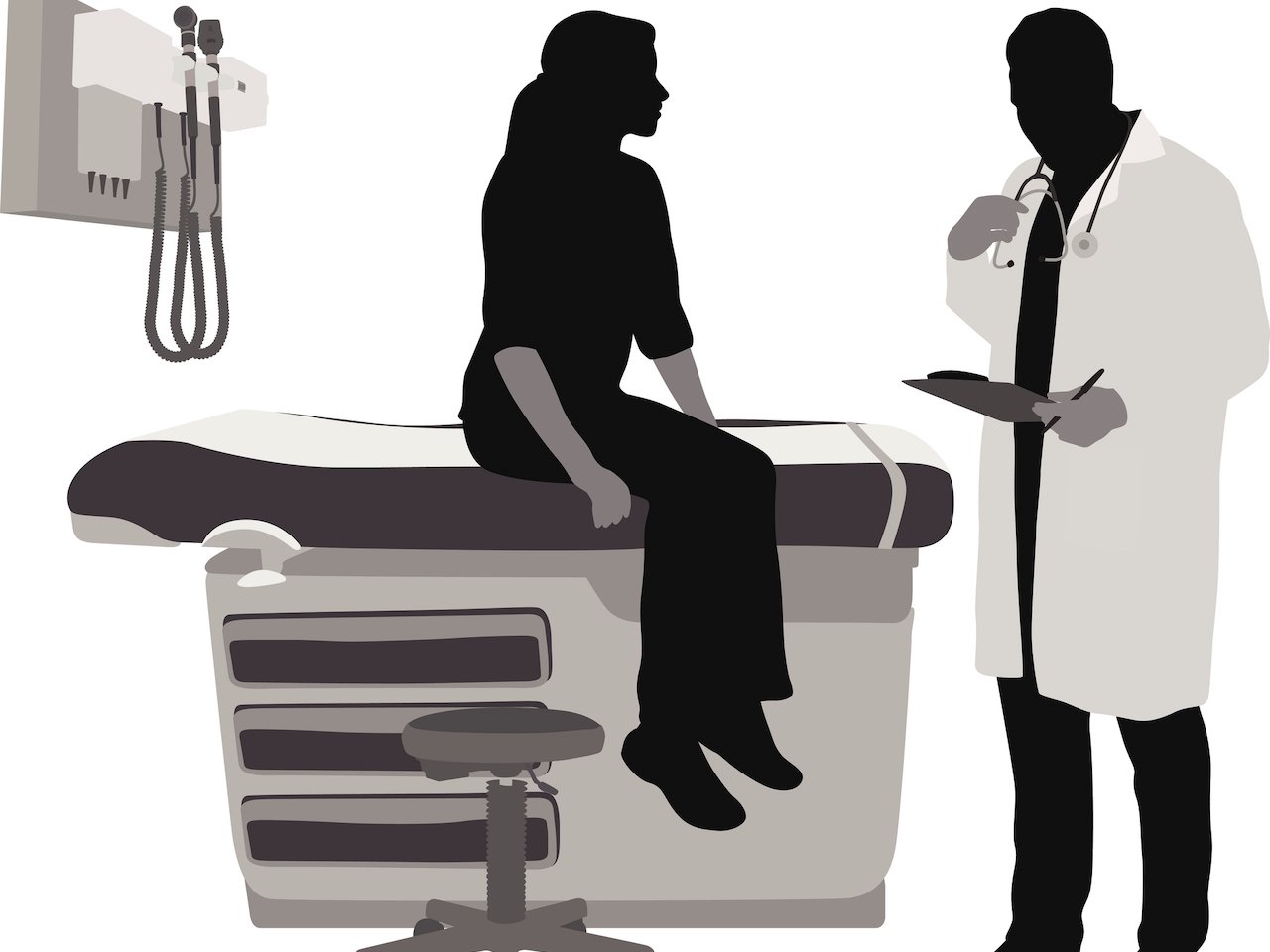 A vector silhouette illustration of a doctor reviewing a patient's symptoms with her.