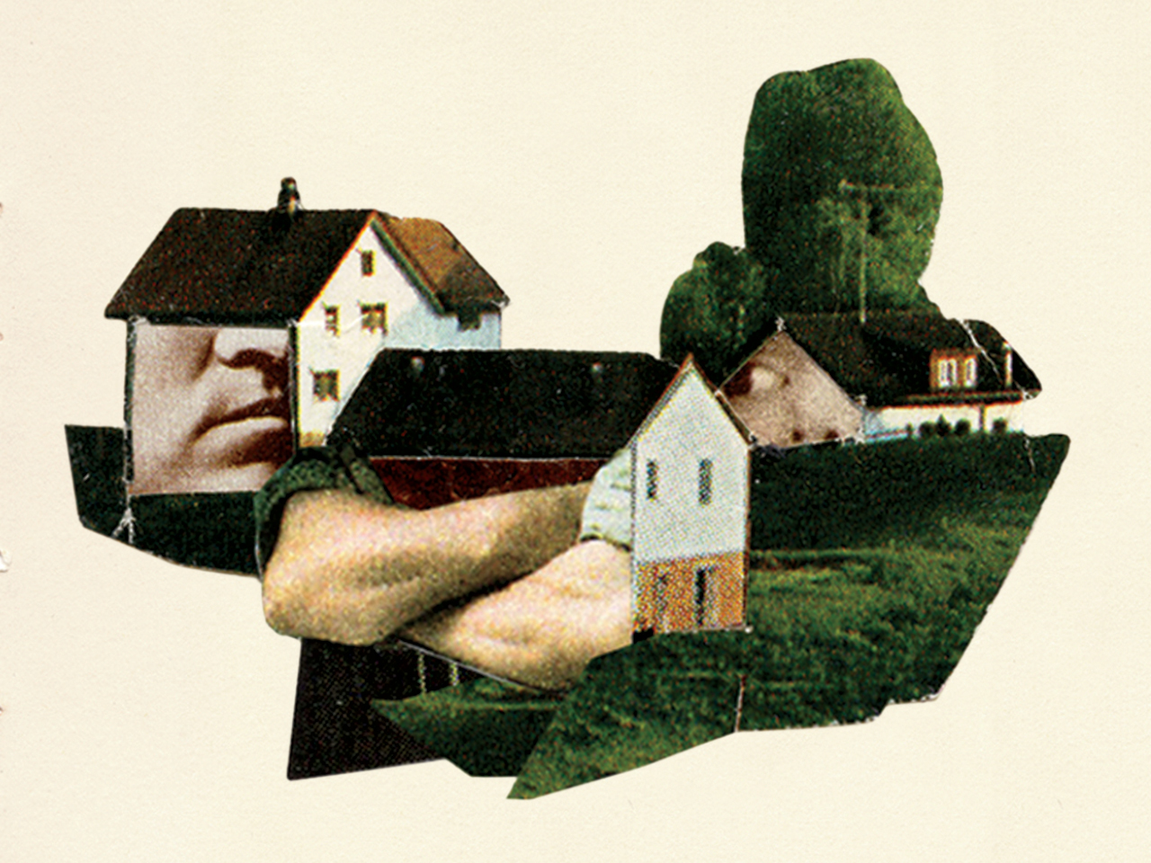 An illustrated collage of two houses with a man's face and crossed arms