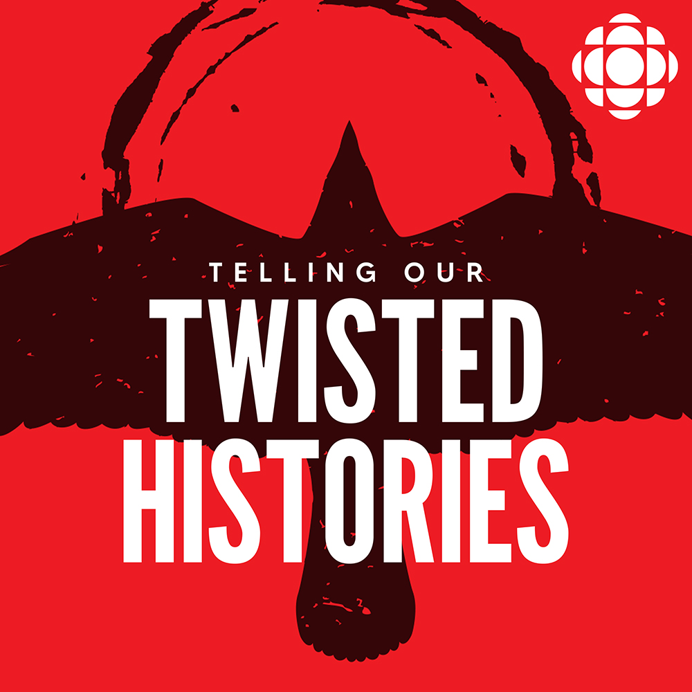The poster art for the CBC podcast Telling Our Twisted Histories: an illustration of a bird flying against a red backdrop