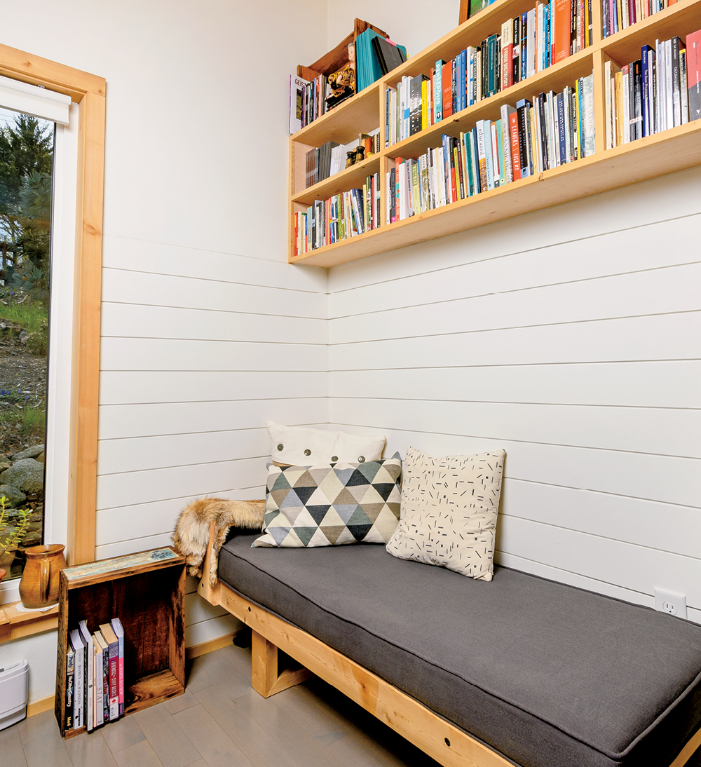 Writer Michelle Elrick's reading banquette in her Nova Scotia backyard shed office.