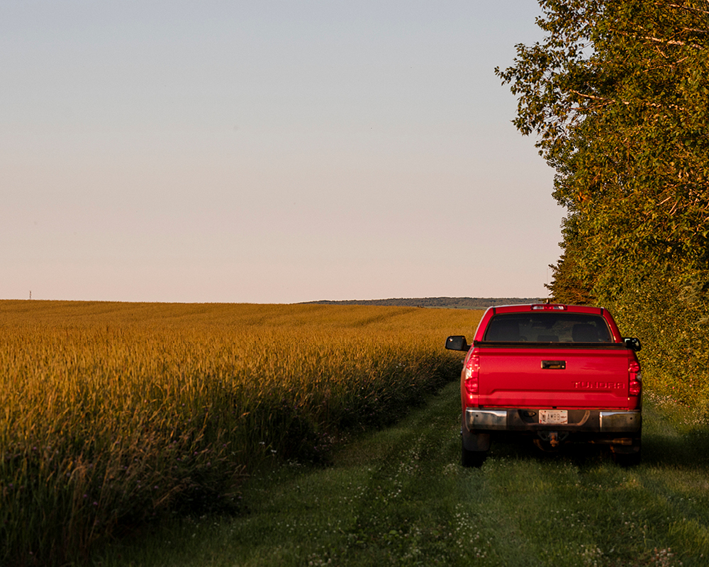 A red truck parked next to a farming field