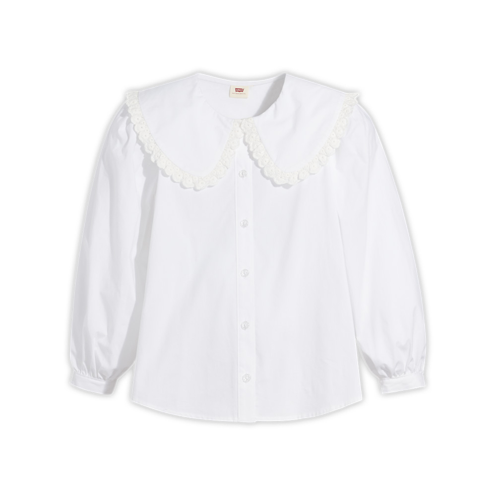 A white, ruffle-collared Levi\'s long-sleeved blouse on a white background