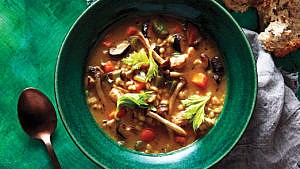 MUSHROOM, CHICKEN AND BARLEY SOUP in a green bowl