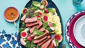 Rainbow Radish Steak Salad With Honey Vinaigrette