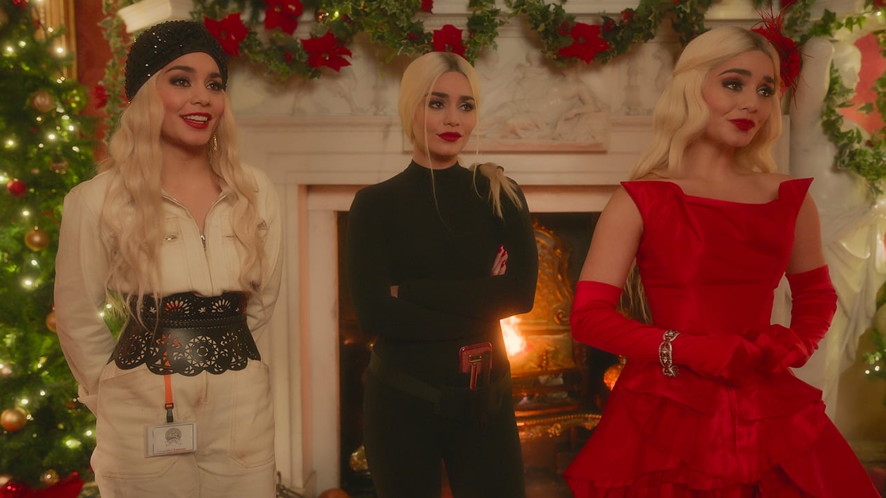 The Princess Switch 3: Romancing the Star (L-R). Vanessa Hudgens as Princess Stacy, Vanessa Hudgens as Fiona, Vanessa Hudgens as Queen Margaret in The Princess Switch 3: Romancing the Star.