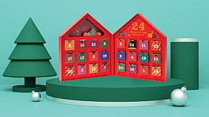 Illustration of a red advent calendar on top of a green platform with jingle bells, a tea mug and christmas tree off to the side.