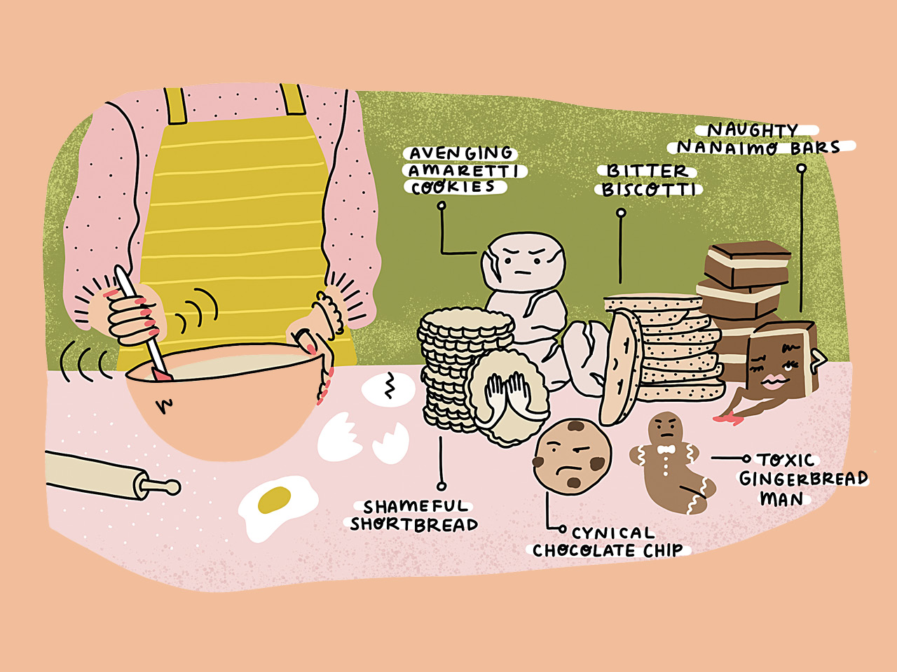Illustration of woman mixing ingredients into a bowl, with various baked goods next to her