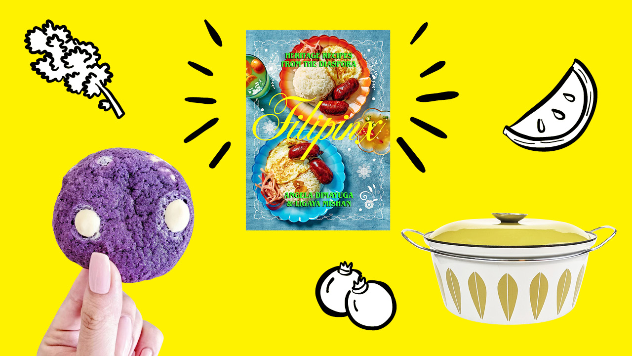 A tile of images on a yellow background, including: a hand holding a purple cookie; an illustration of a leaf of kale; the cover of the cookbook Filipinx; an illustration of berries and watermelon; and a green and white vintage casserole with a lid