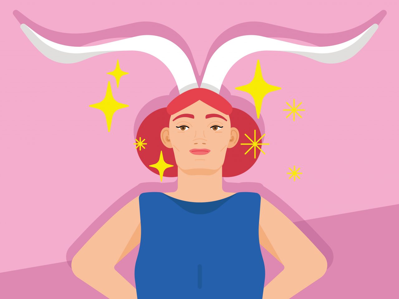 An illustration of a woman with antlers and stars against a pink background representing the capricorn astrology horoscope sign