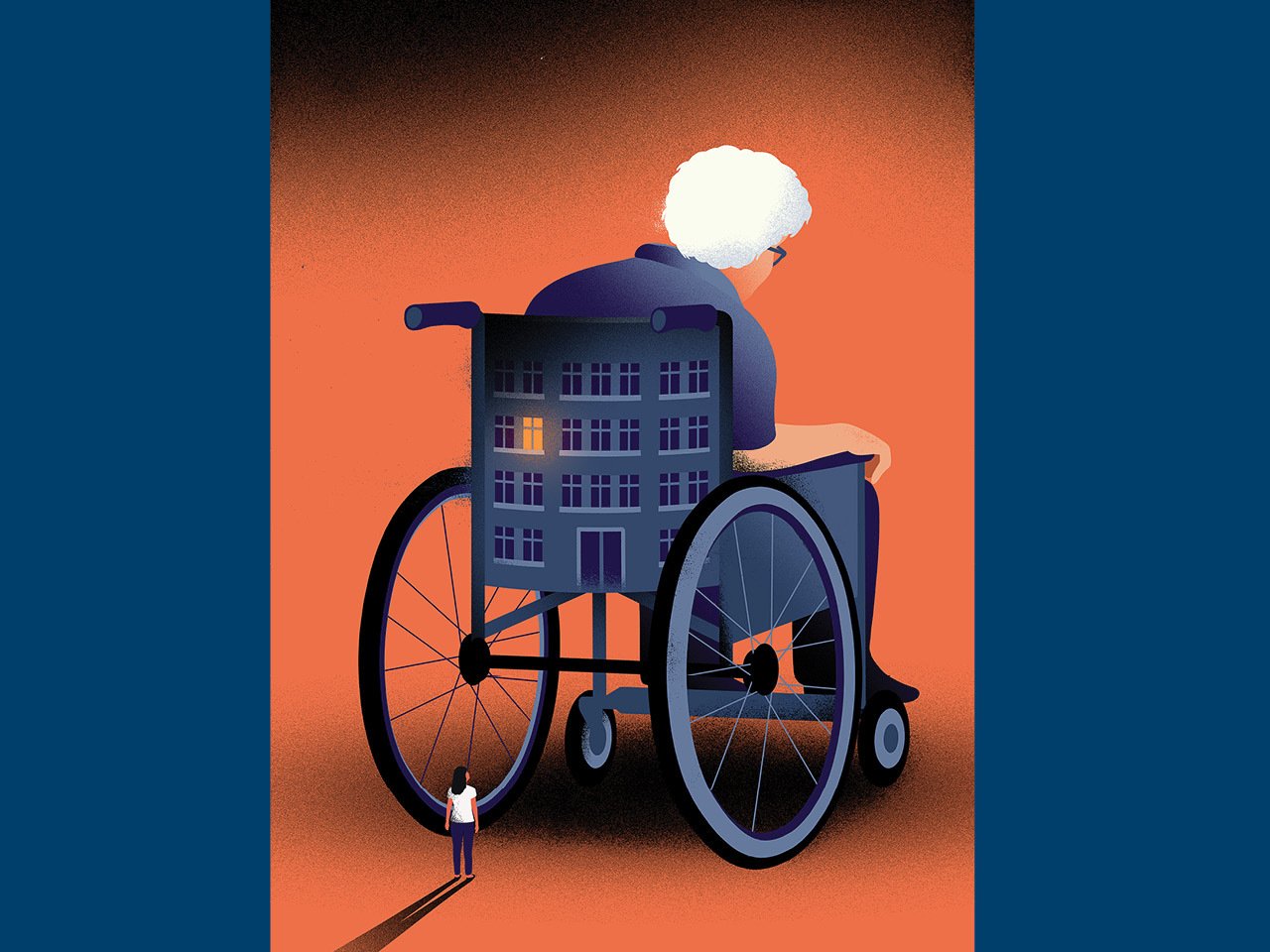 An Illustration of a senior in a wheelchair with a much smaller middle-aged adult standing in the shadow