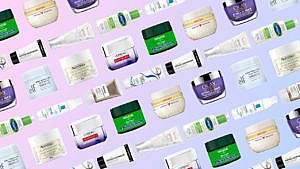 A collection of drugstore moisturizers for winter on a pastel background.