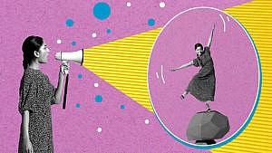 A woman stands against a pink background speaknig into a megaphone. To her right, a woman playfully balances on a rock.