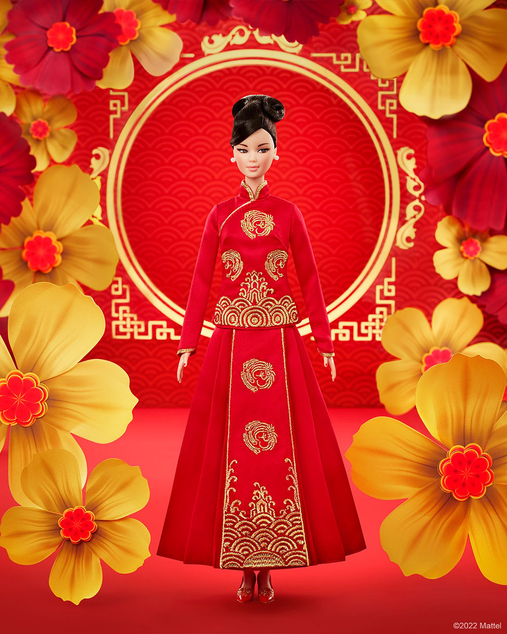 A barbie wears a traditional Chinese cheongsam against a red background.