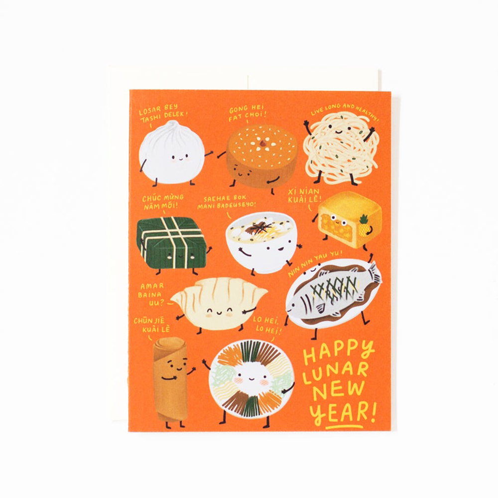 An orange food card featuring various carton food items illustrated.