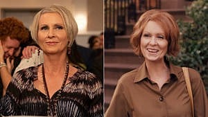 Two images together; left, one of Miranda in And Just Like That...'s first episode, with a grey bob, right, Miranda in the finale, with her hair dyed red again
