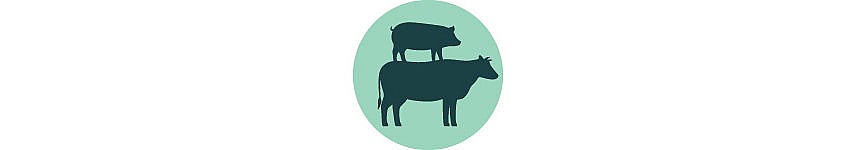 A green silhouette of a pig and a cow illustration in a green circle