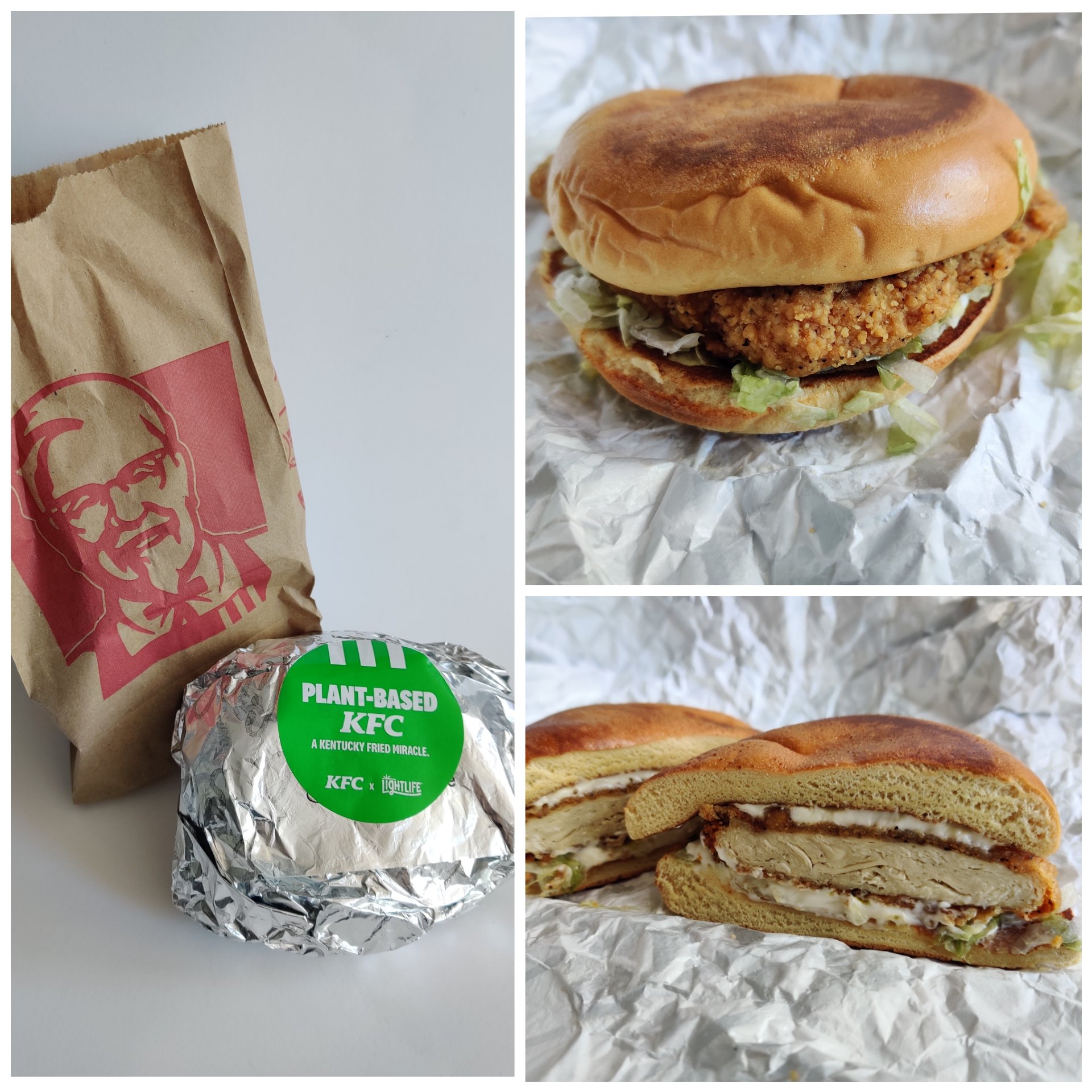 Three photos of plant-based chicken sandwich from KFC.