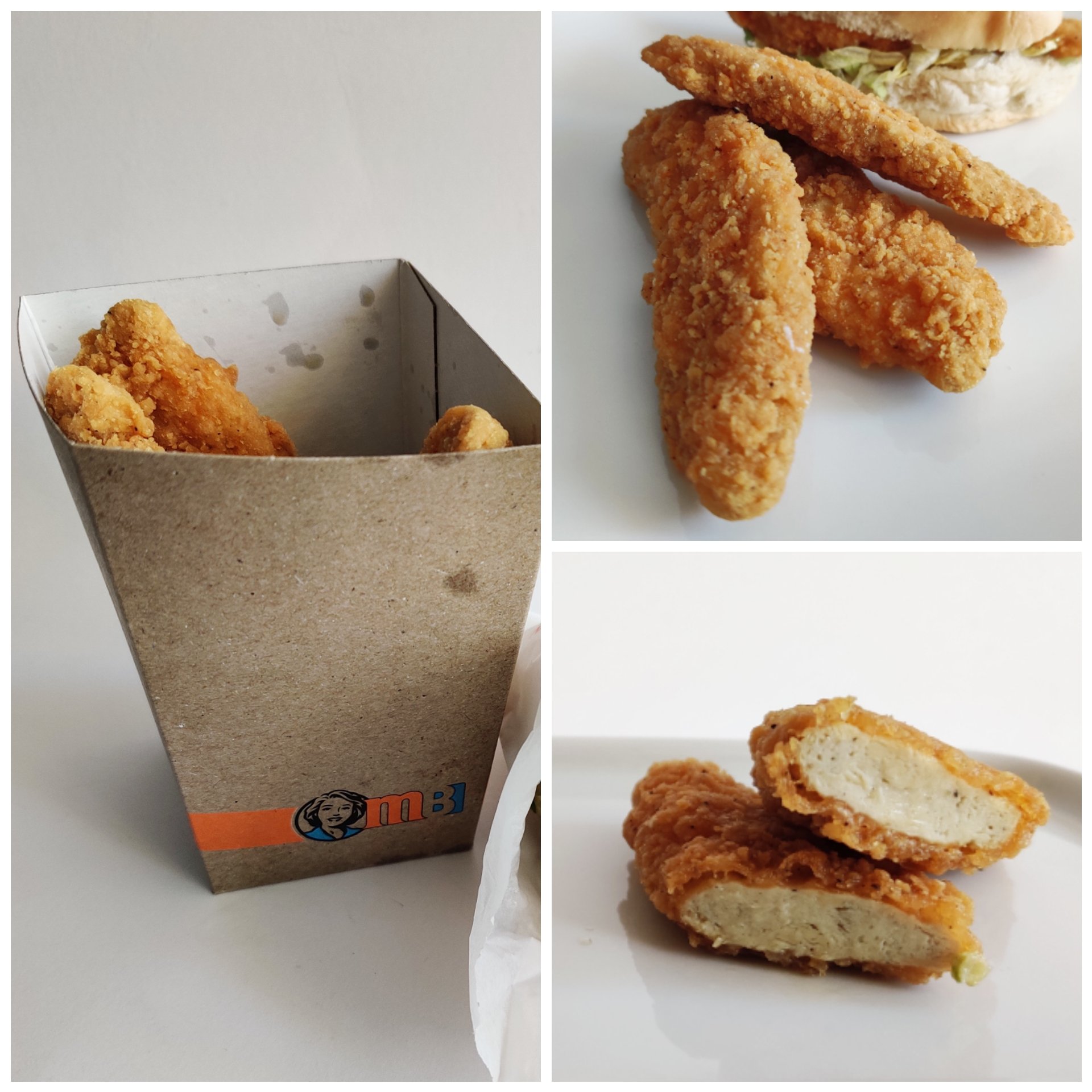 Three photos side-by-side of plant-based chicken tenders from Mary Brown's. 