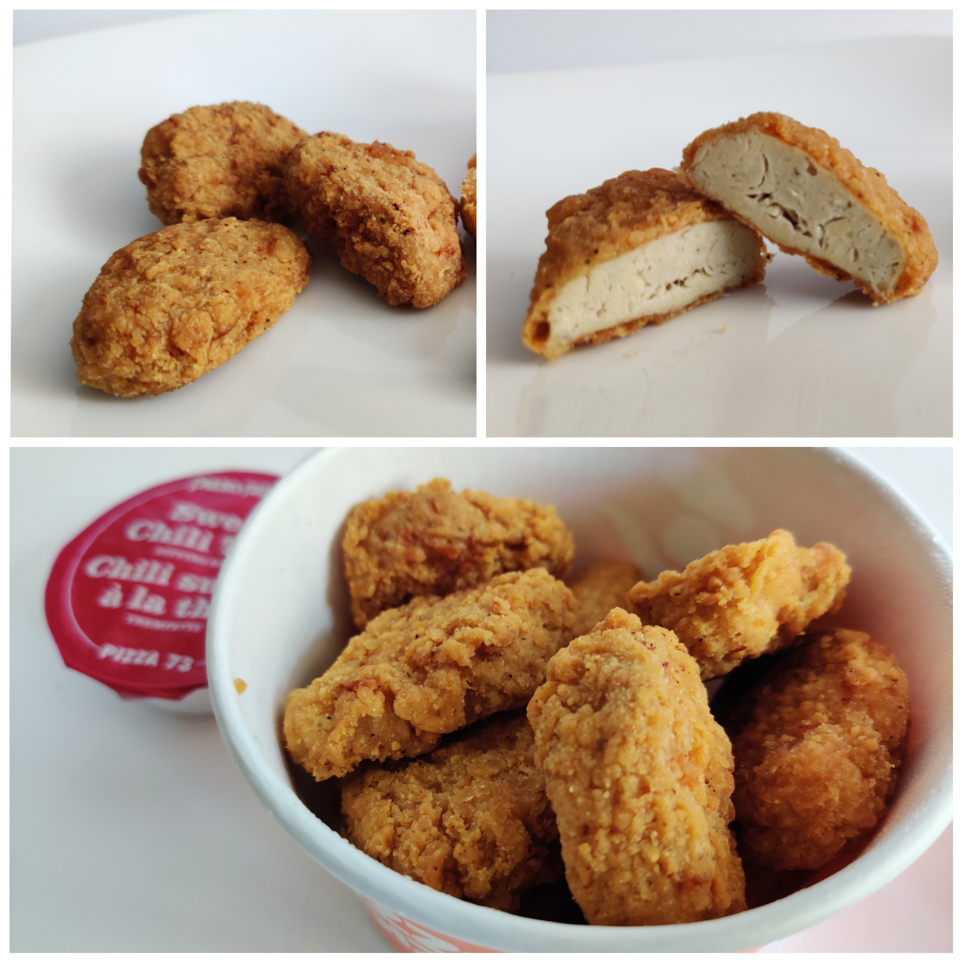 Three photos side-by-side of plant-based chicken tenders from Pizza Pizza.