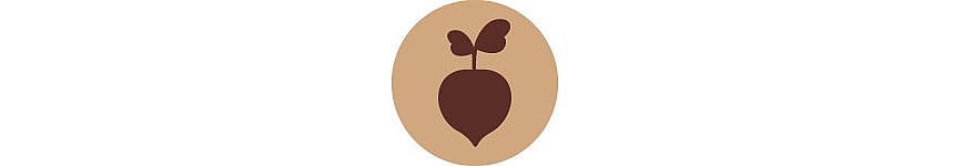 An illustrated brown circle with a brown silhouette of a beet inside it on a white background
