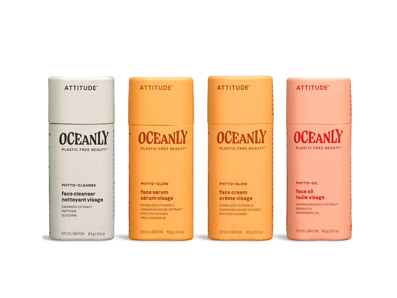 A set of solid skincare bars by Canadian brand Oceanly in grey, orange and coral paper packaging.