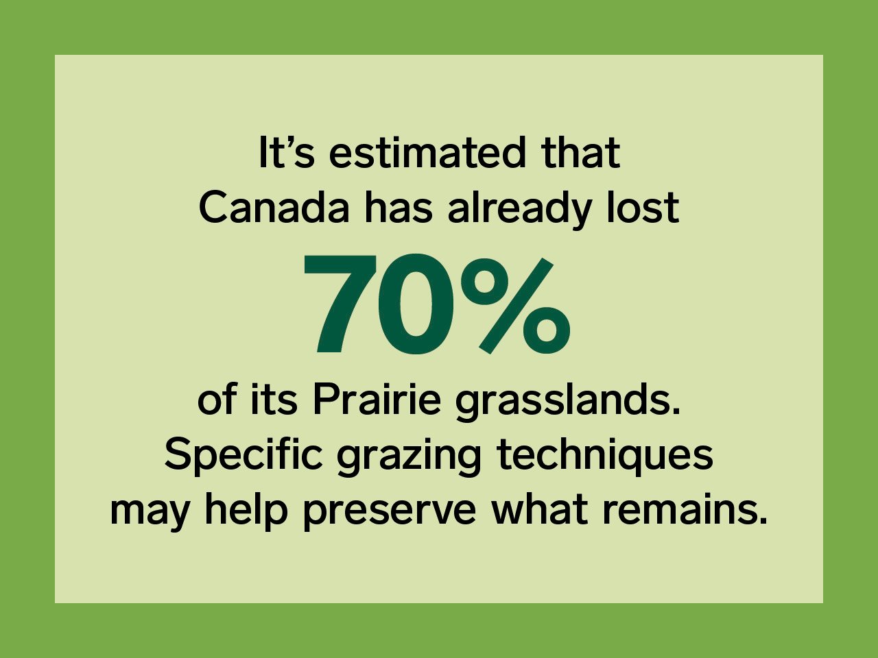 Green graphic with text explaining that Canada has lost 70% of its Prairie grasslands.