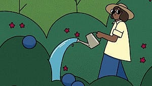 Illustration of a woman watering a garden with a watering can.