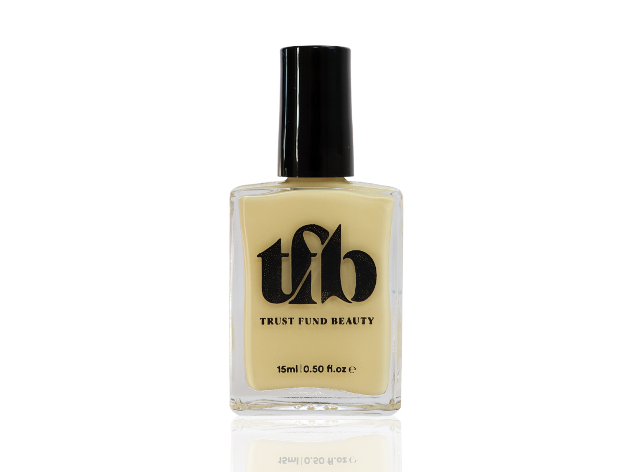 A bottle of Trust Fund Beauty nail polish in Never Boring, a neon yellow shade.