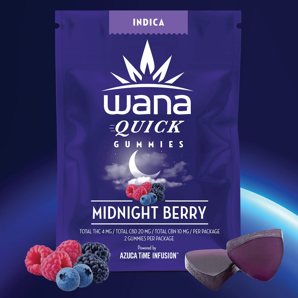 A packet of WANA Quick CBN gummies against a galactic-inspired background