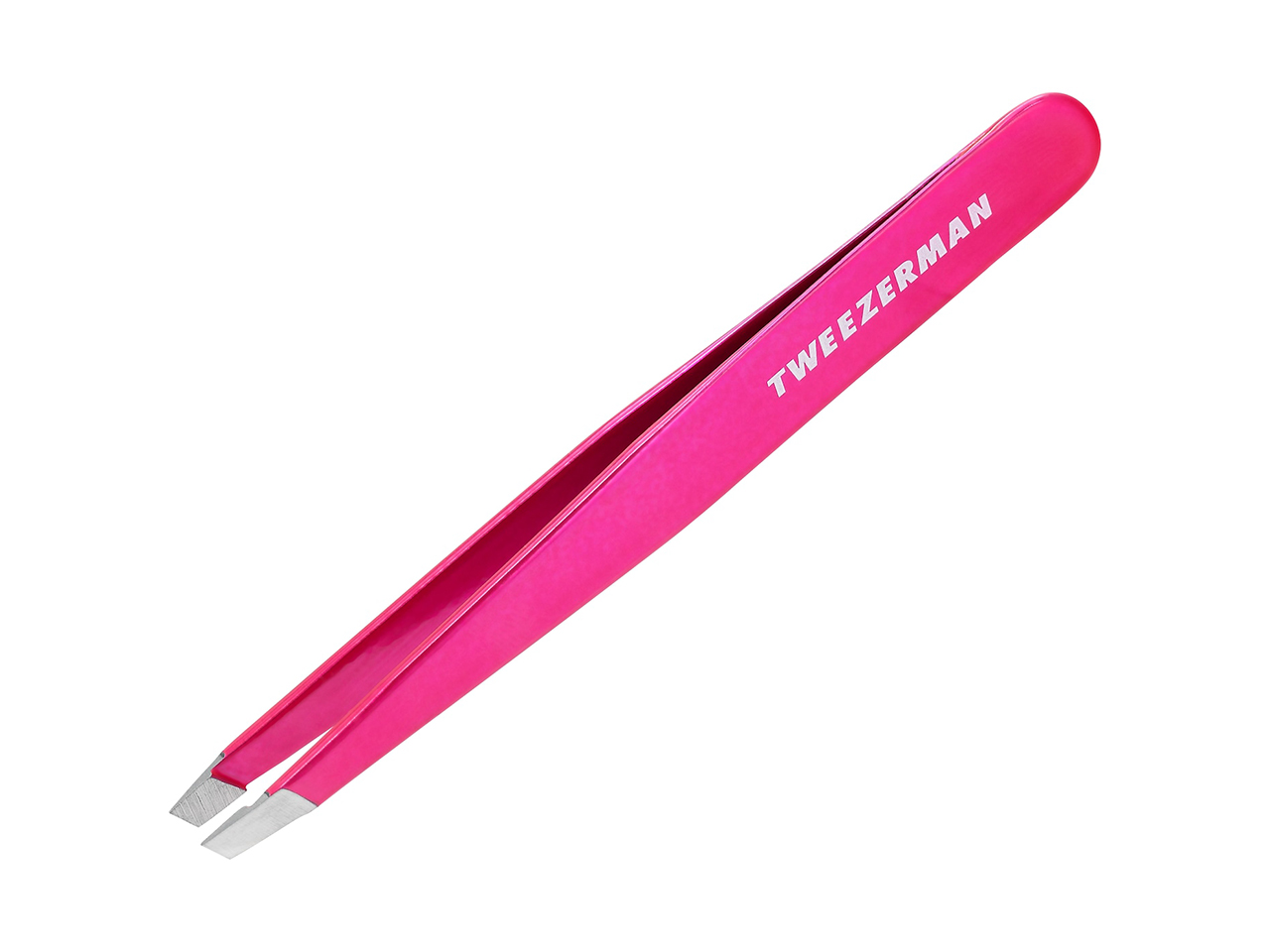 A pair of pink slanted tweezers from Tweezerman.