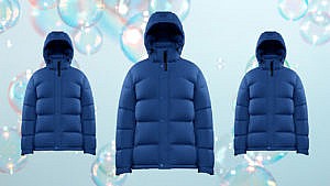 Three blue puffers shown against a light blue bubble background to explain how to wash your puffer jacket at home.