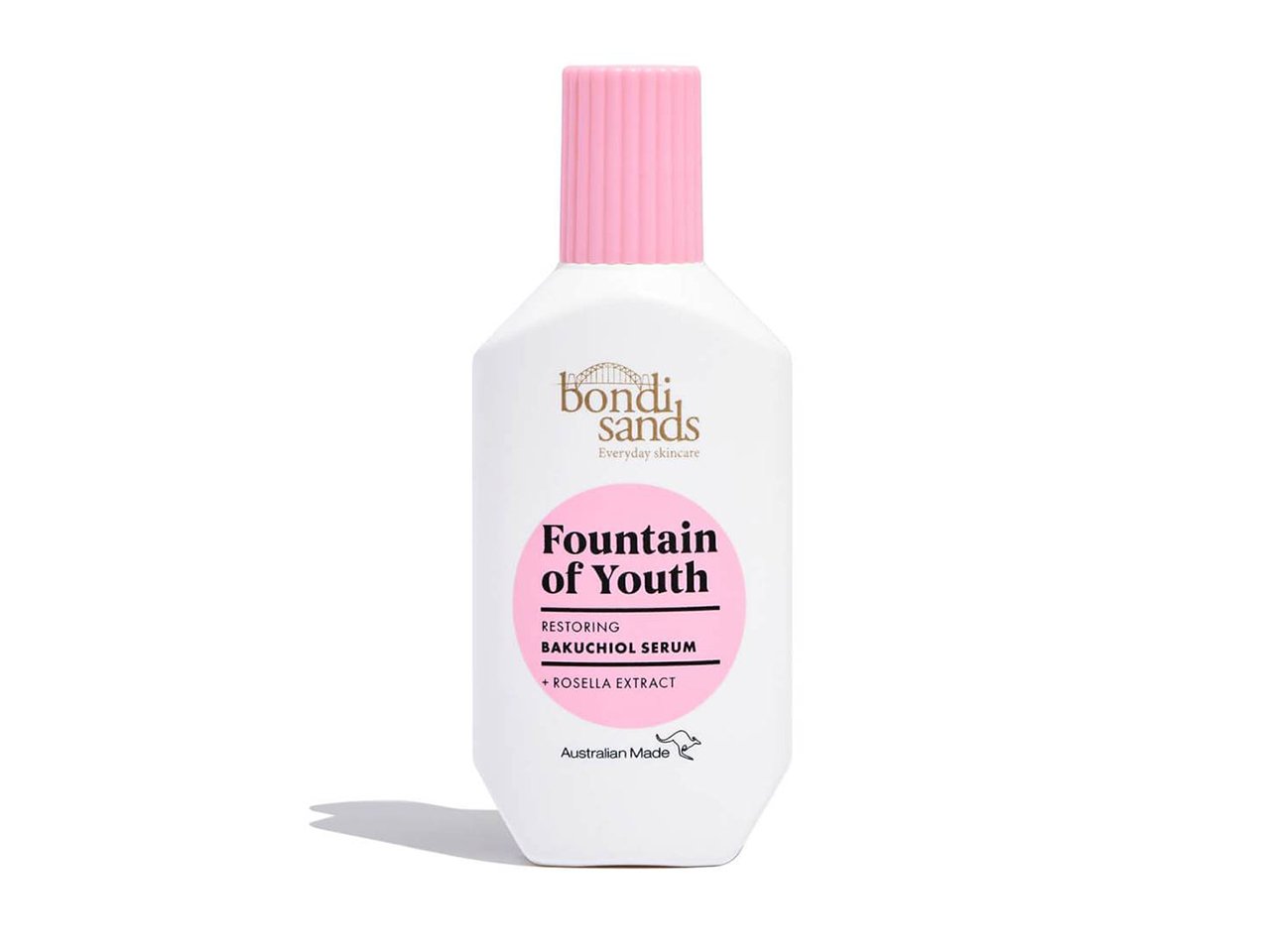 Bondi Sands Fountain of Youth Bakuchiol Serum white bottle with pink cap