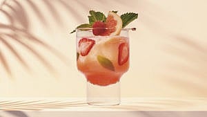Strawberry grapefruit cocktail in a glass, wth mint leaves. In front of a beige background.