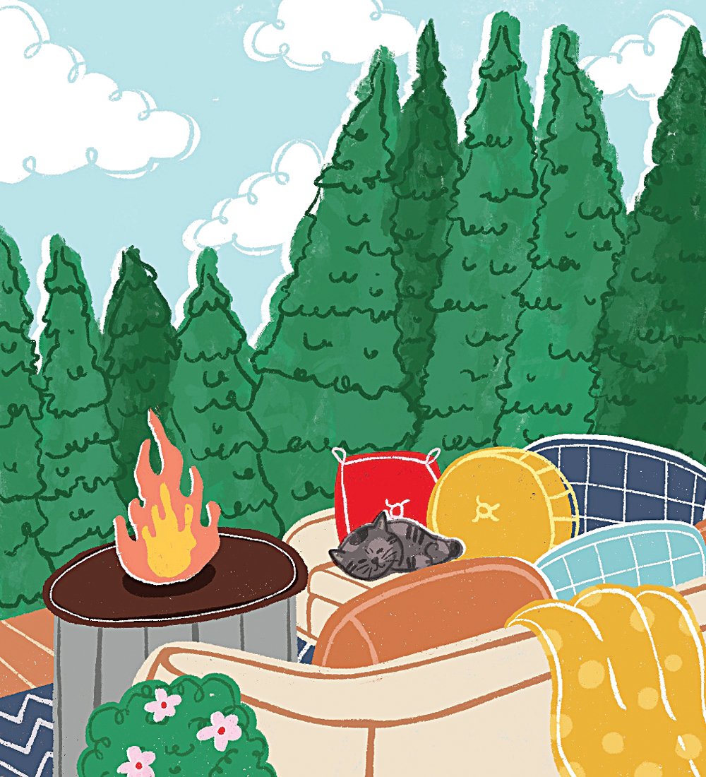 An illustration of a patio with outdoor couch and firepit, with a row of tall evergreens in the background