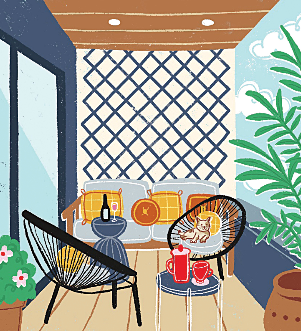 An illustration of a balcony with a trellis panel at the side for privacy