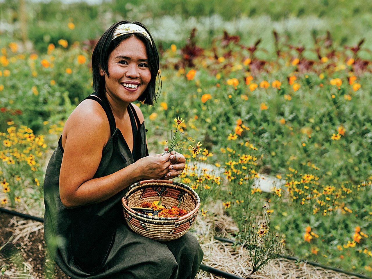 A photo of a woman, crouched down in a flower garden full of orange blooms, picking flowers and putting them in a basket fl