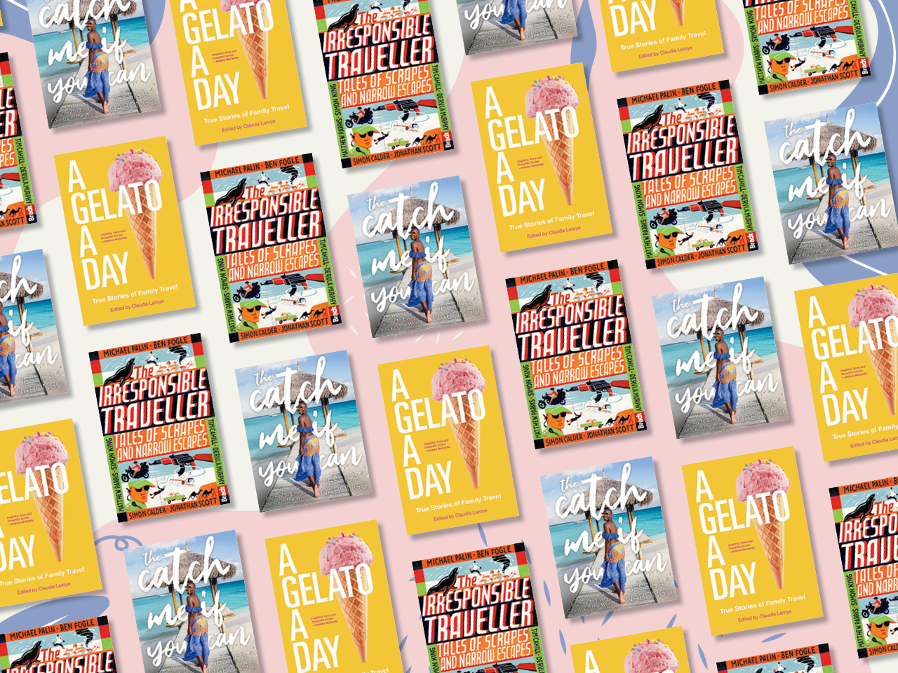 A grid of three tiled book covers: The cover of The Catch me if you can, the cover of A Gelato a day, and the cover of the Irresponsible traveller on a pink background