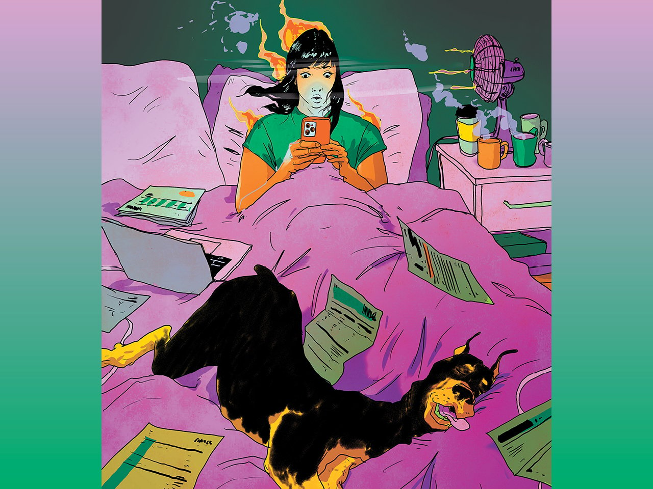 An illustration of a woman in bed, on her phone with a fan blowing at her and a dog at her feet, depicting the new reasons we aren't sleeping well.