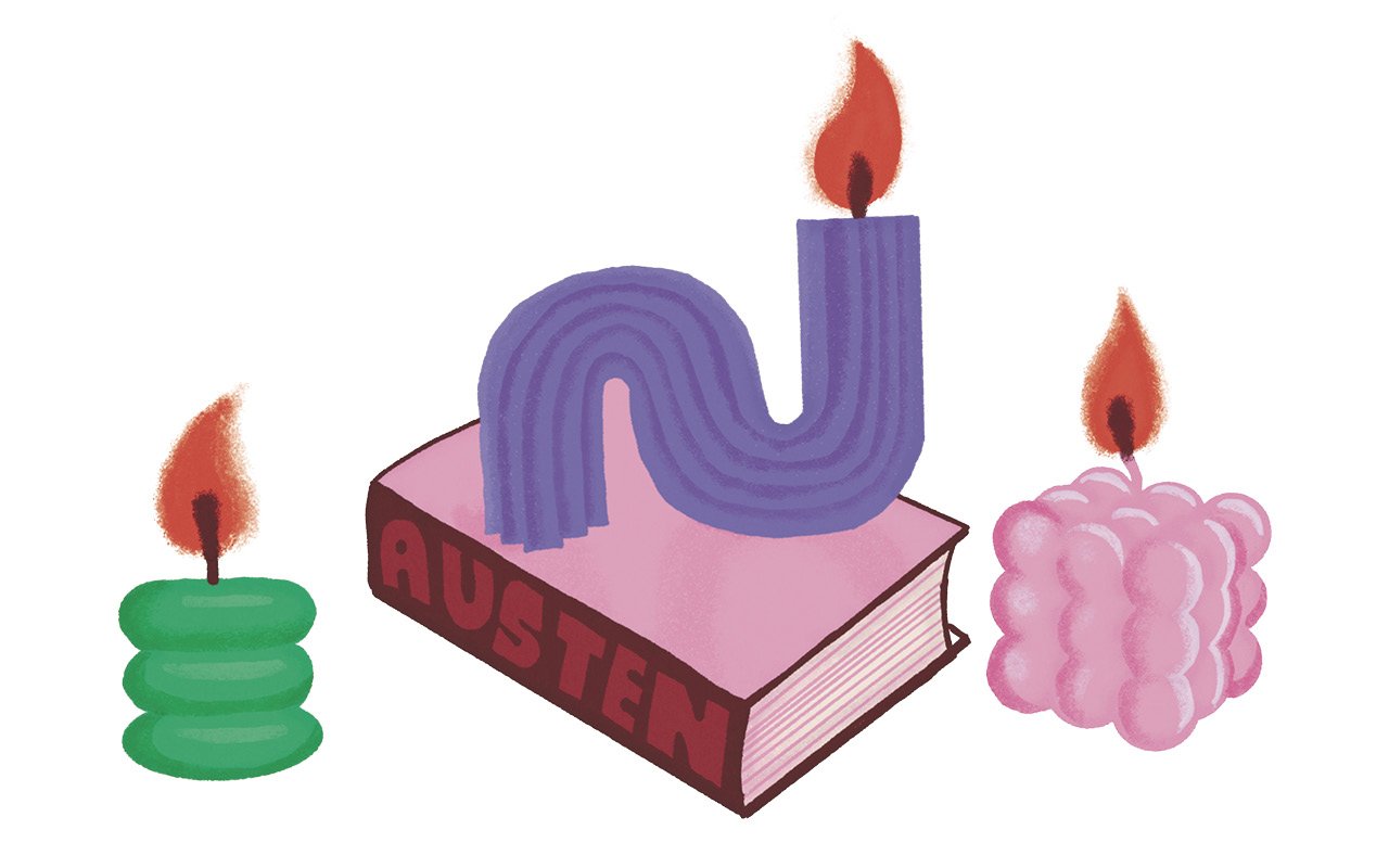 An illustration of a candle on top of a Jane Austen book