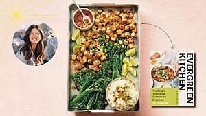 A tray of firecracker tofu with broccolini beside a photo of Bri Beaudoin and her cookbook