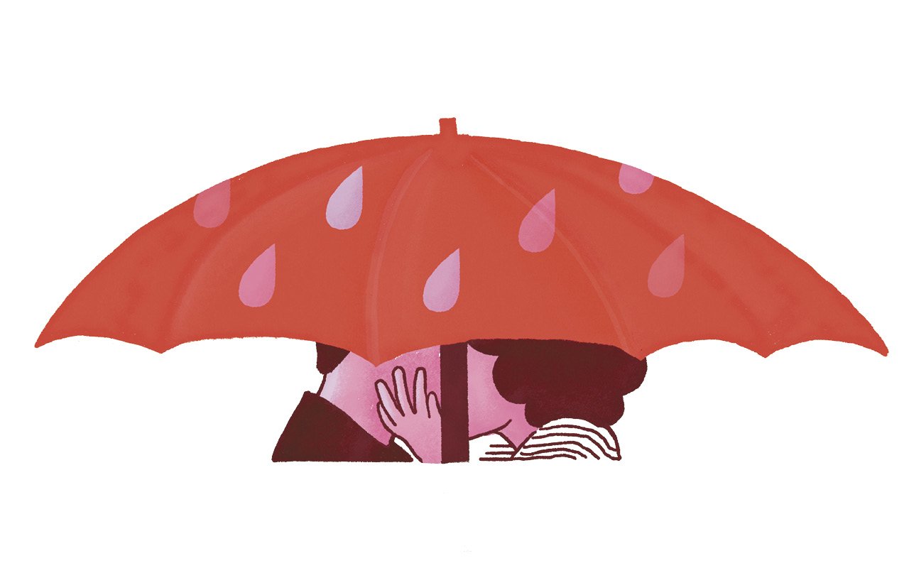 An illustration of a couple kissing under a red umbrella