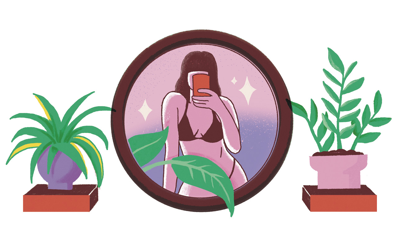 An illustration of a woman taking a mirror selfie in her underwear