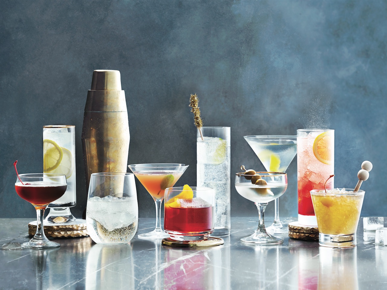Assortment of simple cocktails on a grey marble counter