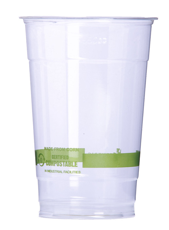 A clear, compostable plastic cup stands against a white background