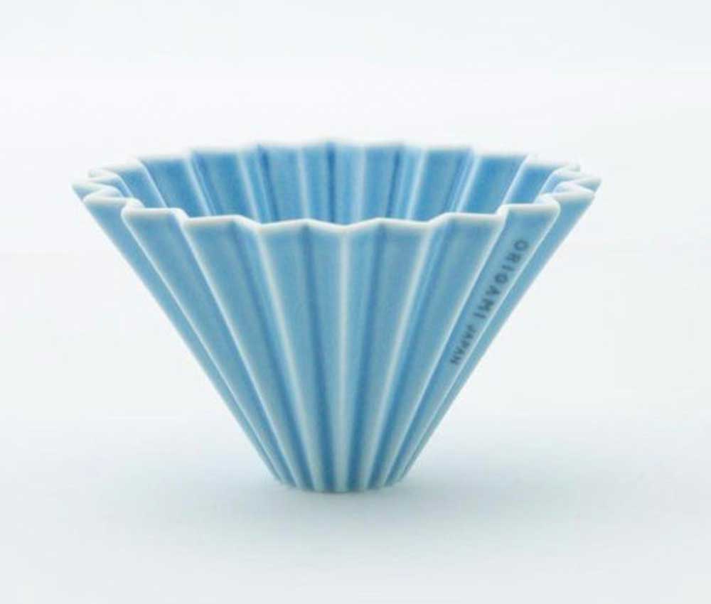 Pleated blue ceramic coffee dripper from Origami.