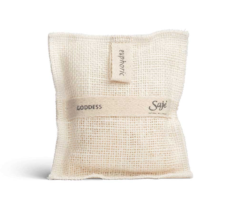 A jute wash pad filled with Liquid Sunshine-scented soap by Saje.