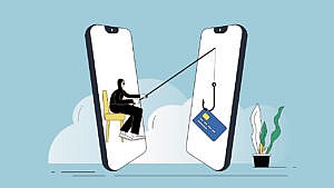 An illustration of two iPhones facing each one, with a man with a fishing pole coming out of one phone and hooking a credit card from the other phone